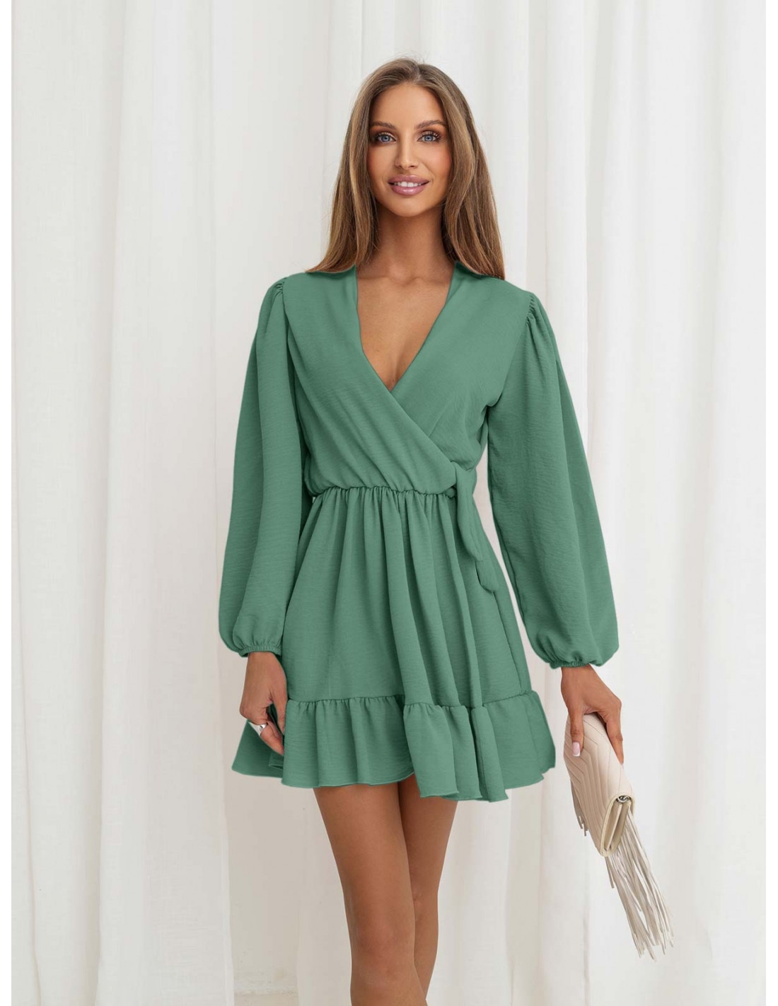 Rozkloszowana sukienka z falbanką - KALIFORNIA - szałwiowa