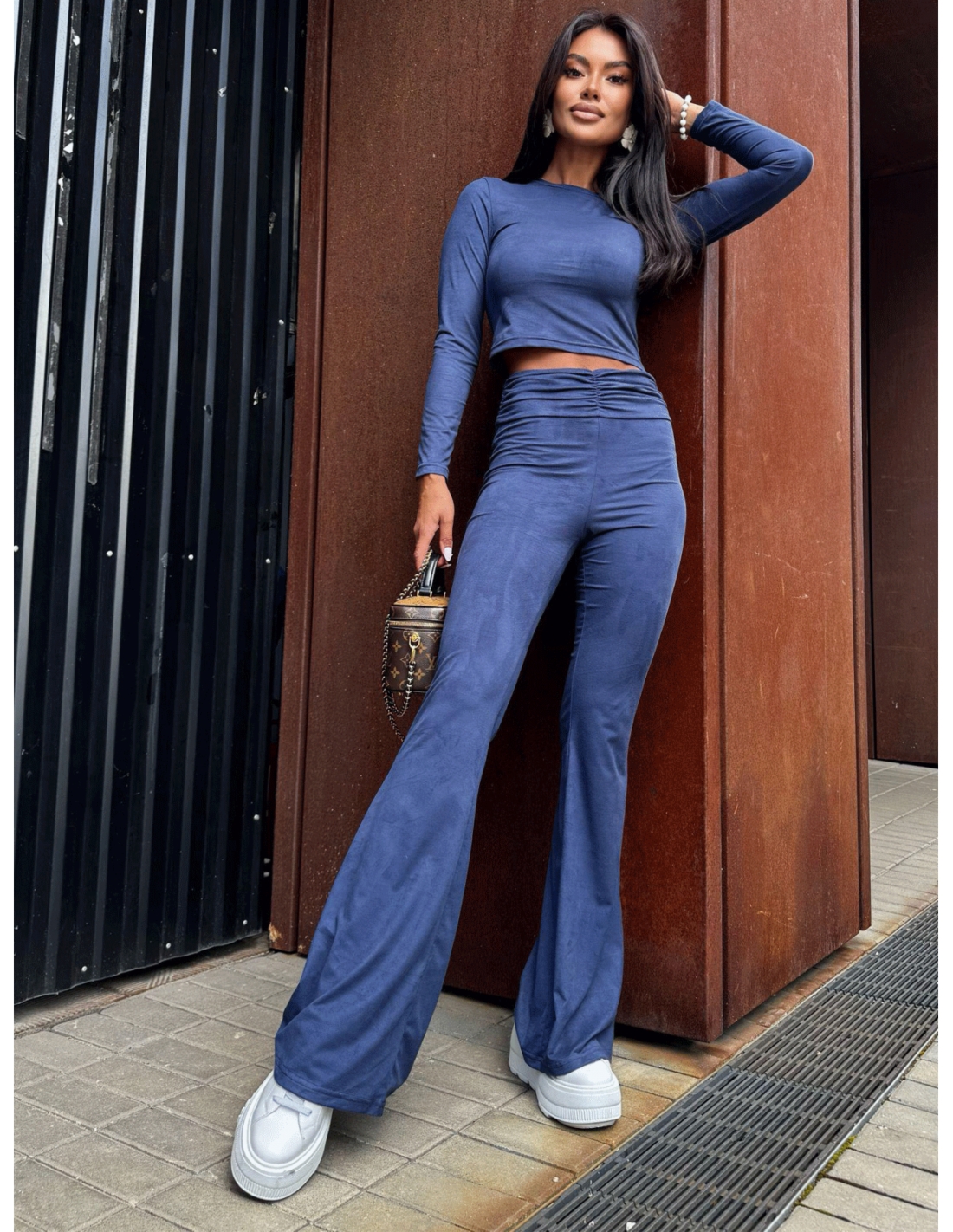 Stylowy komplet bluzka i spodnie dzwony PURITY - granatowy