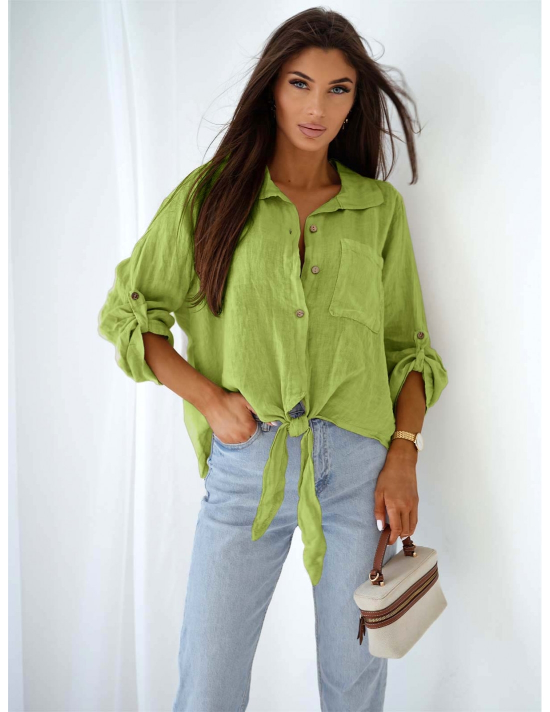 Lniana koszula oversize z wiązaniem DENI - limonkowa