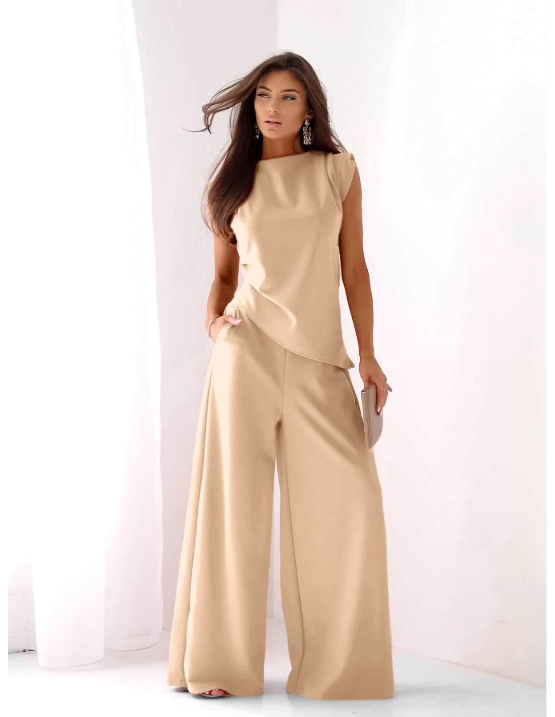 Komplet asymetryczna bluzka i spodnie ARMINA - beżowy
