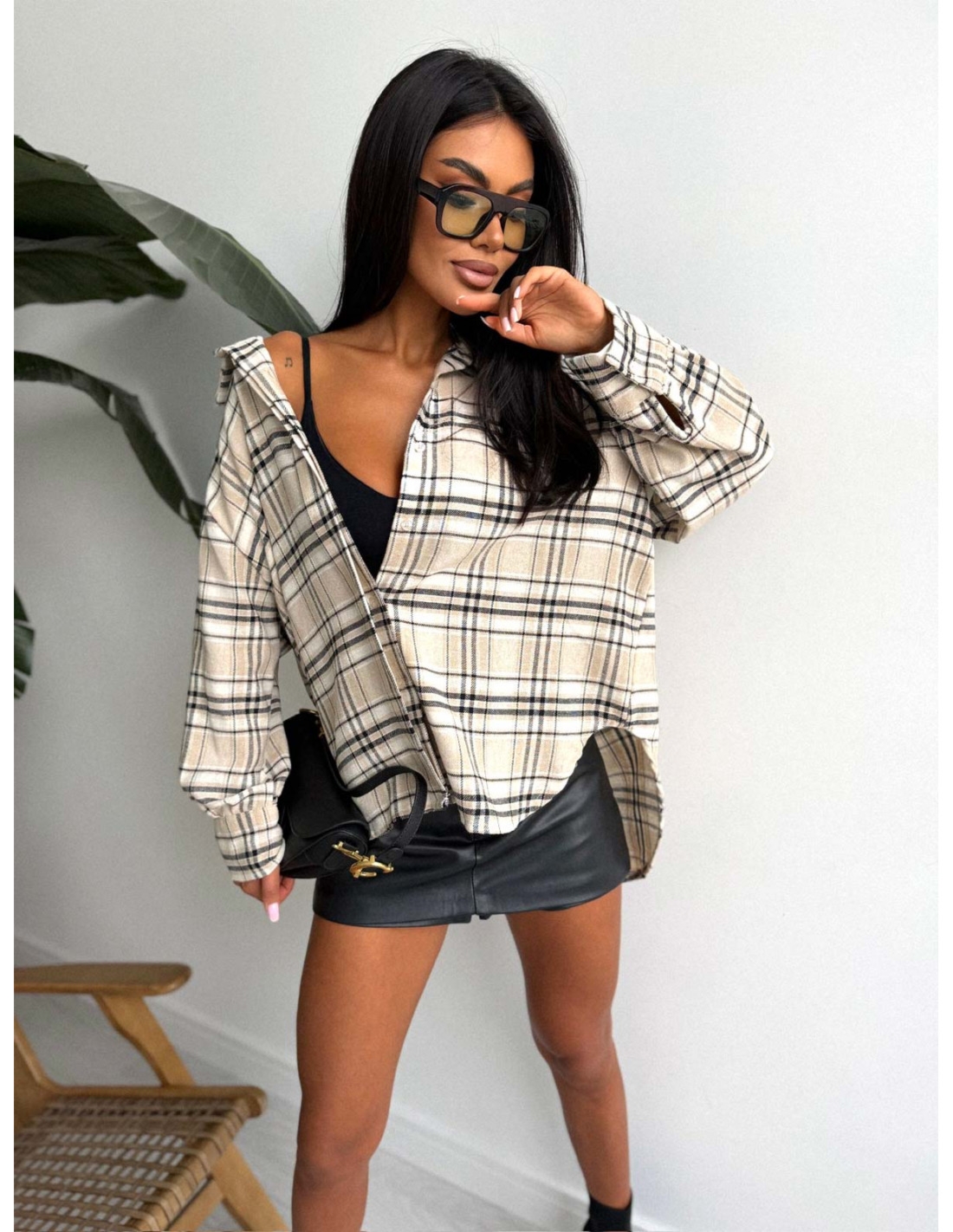 Bawełniana koszula w kratę oversize CELTIA - beżowa