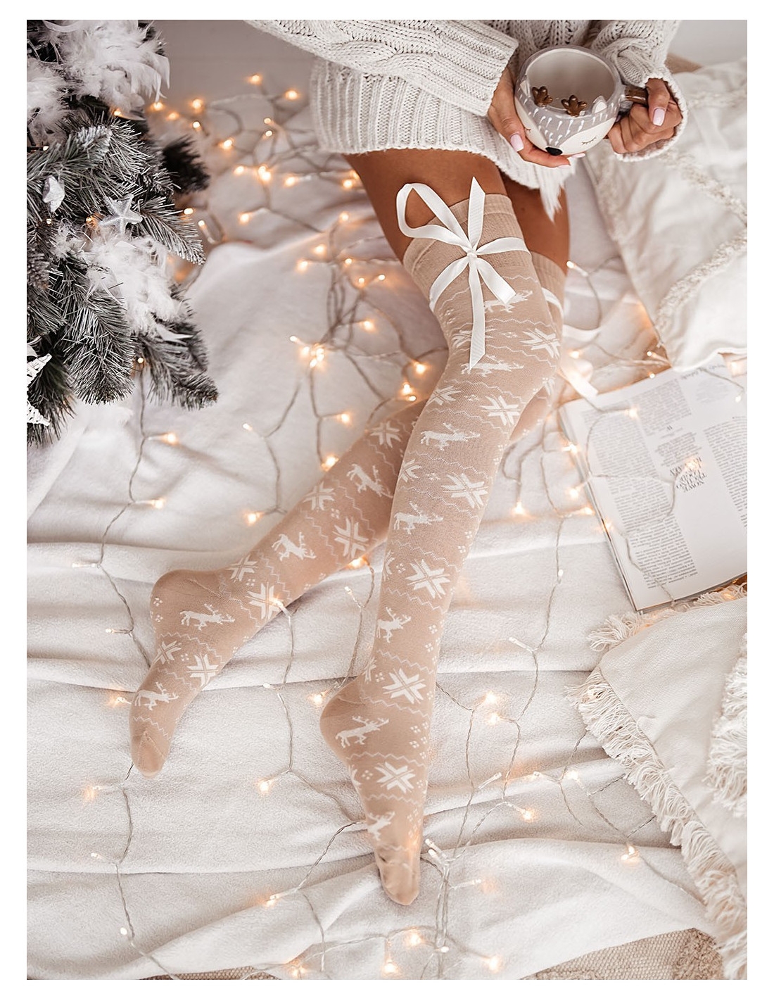 Zakolanówki świąteczne ze wstążką - wzór 6