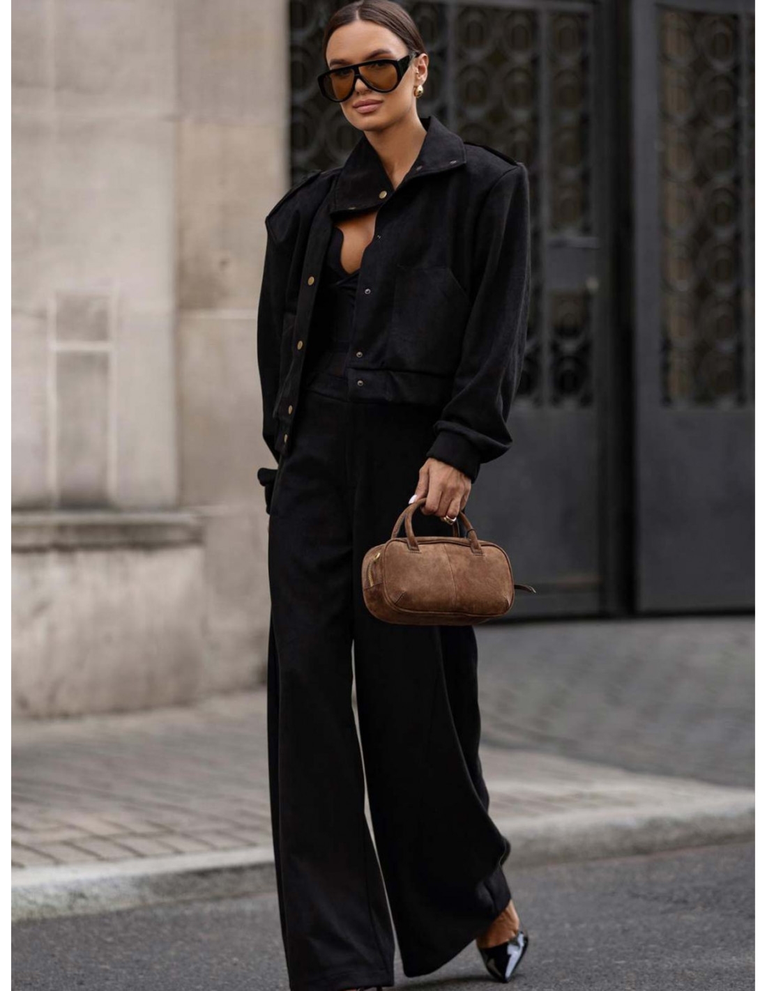 Stylowe szerokie spodnie z zamszu ANAHI - czarne