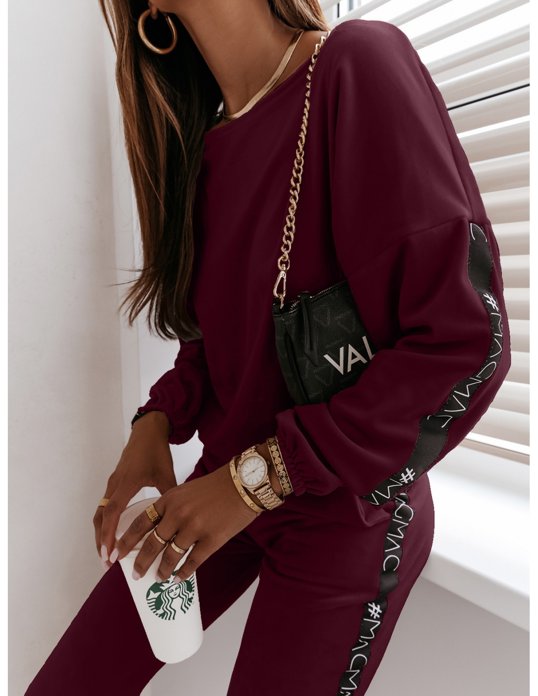 Welurowy komplet bluza+spodnie MAIA - bordowy