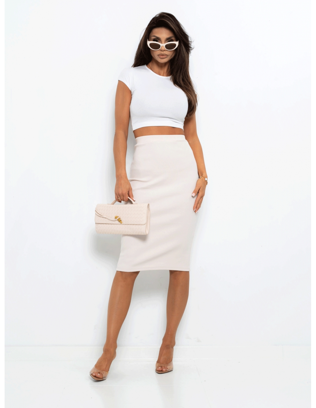 Dopasowana prążkowana spódnica midi PRISCA - beżowa