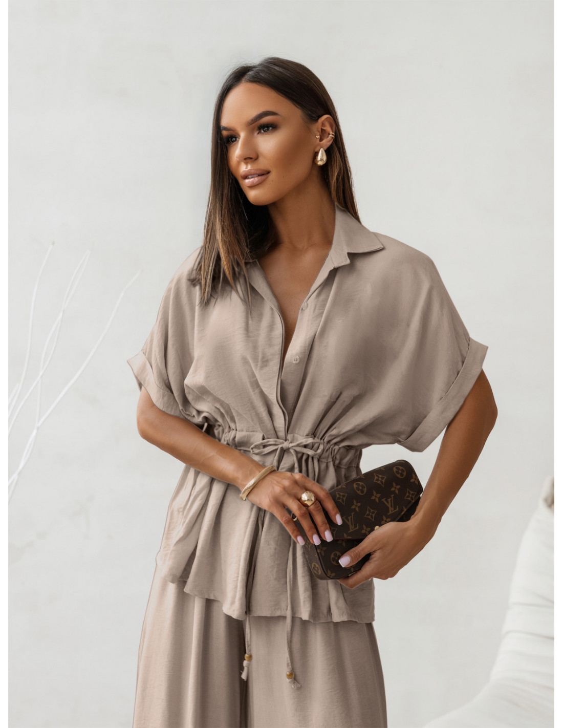 Stylowy komplet z szerokimi spodniami VELENA - mocha mousse