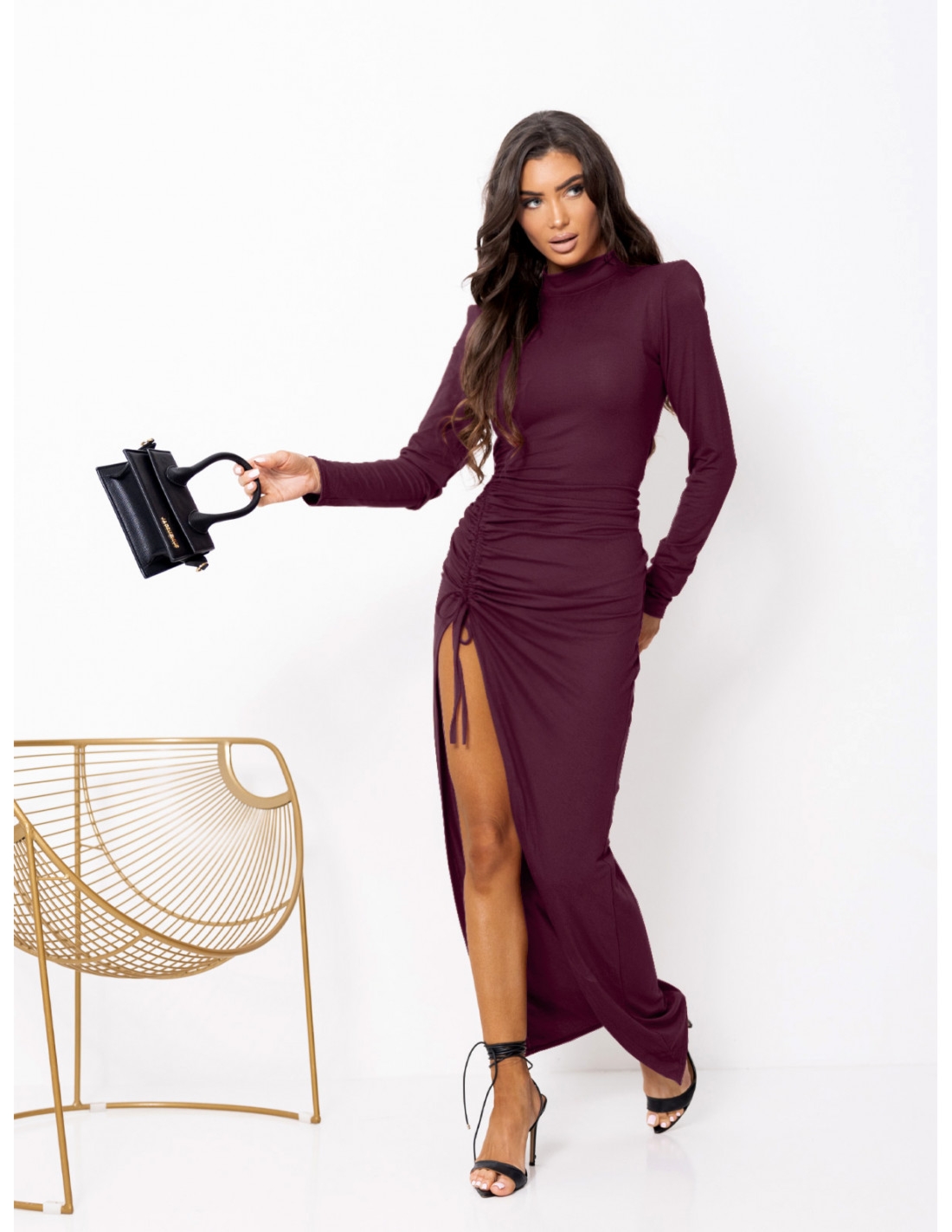 Sukienka maxi z marszczeniem z wiskozy IDRIL - śliwkowa