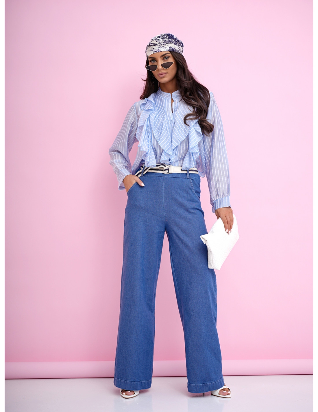 Kobieca koszula z tencelu z falbanami FABIA - błękitna