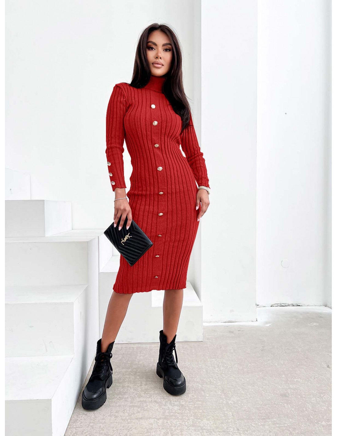 Dzianinowa midi sukienka z golfem FAZILA - czerwona