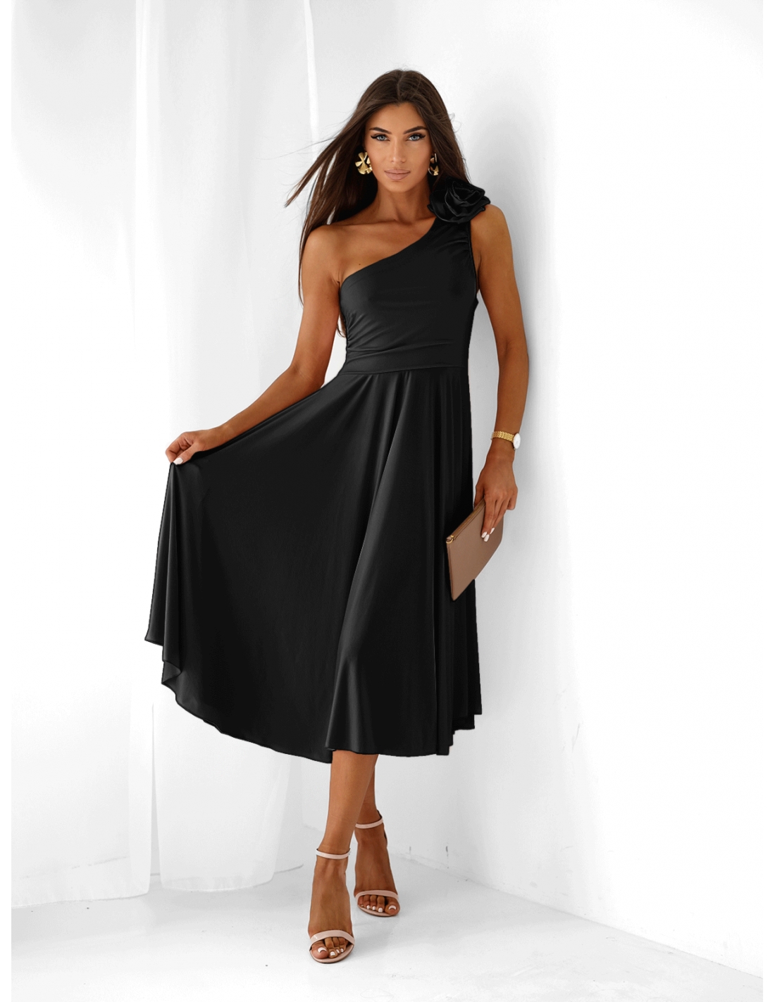 Sukienka midi na jedno ramię AMIREA - czarna