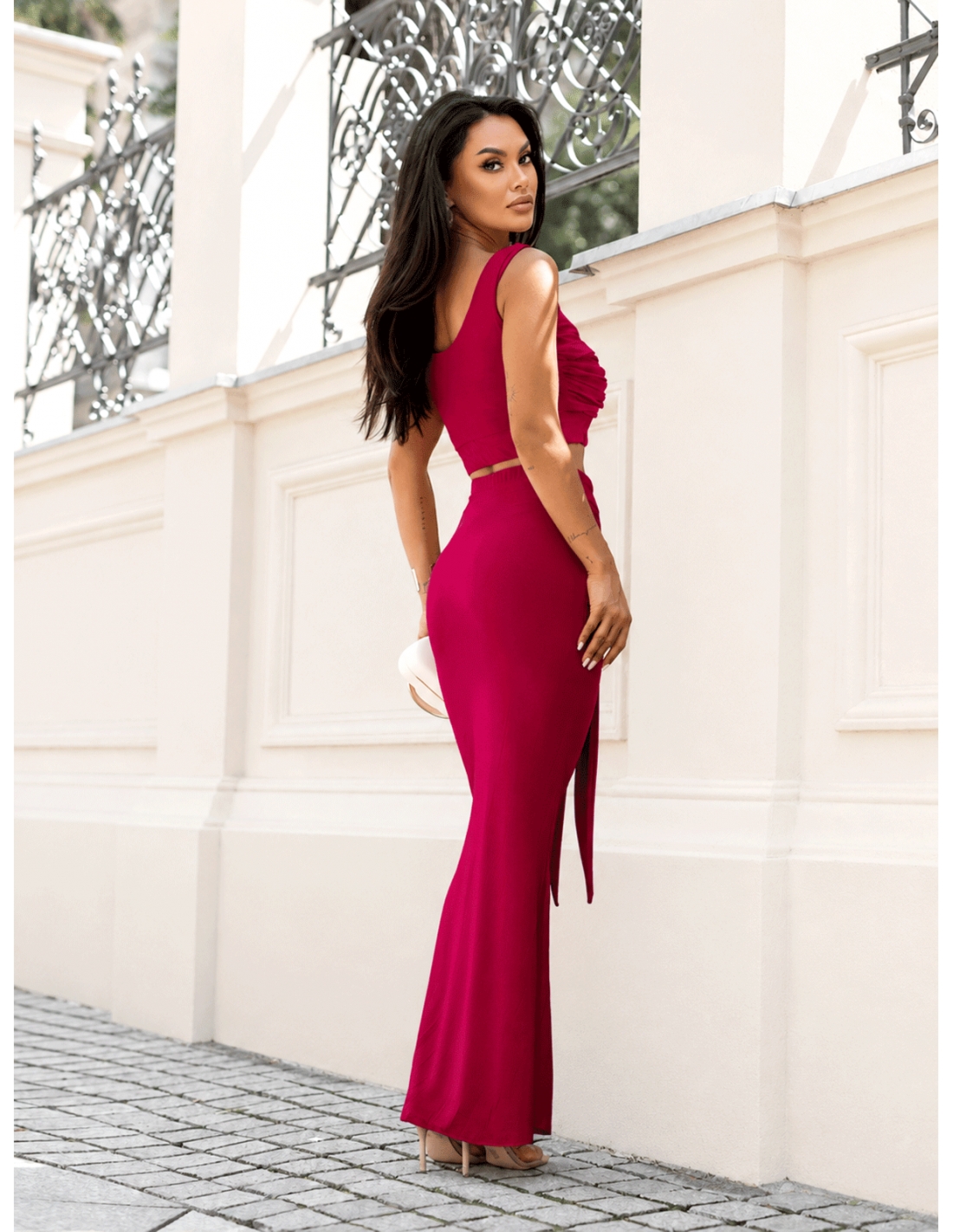 Komplet crop top z maxi spódnicą LUVIA - fuksjowy