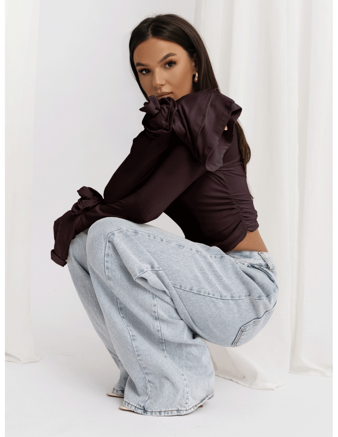 Wiskozowa bluzka z szerokimi rękawami REINE - czekoladowa