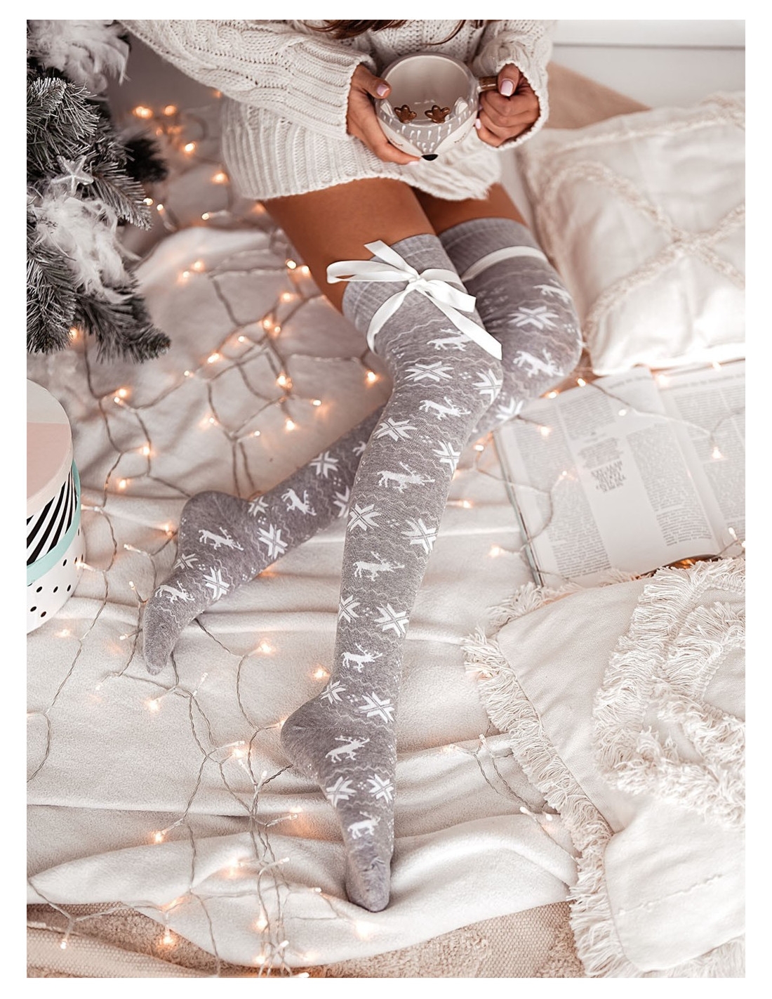 Zakolanówki świąteczne ze wstążką - wzór 2