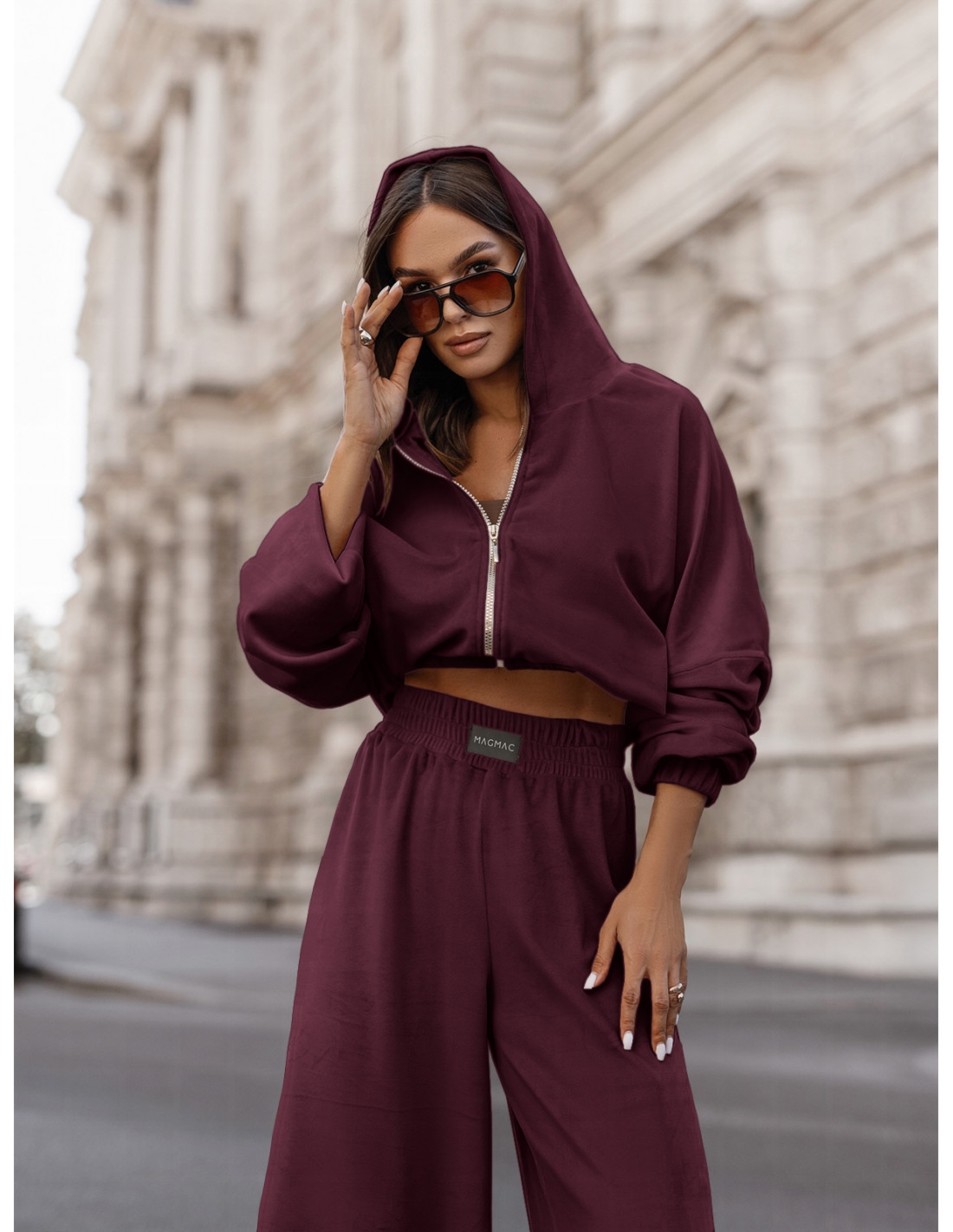 Welurowy dres bluza i szerokie spodnie MAXIM - bordowy