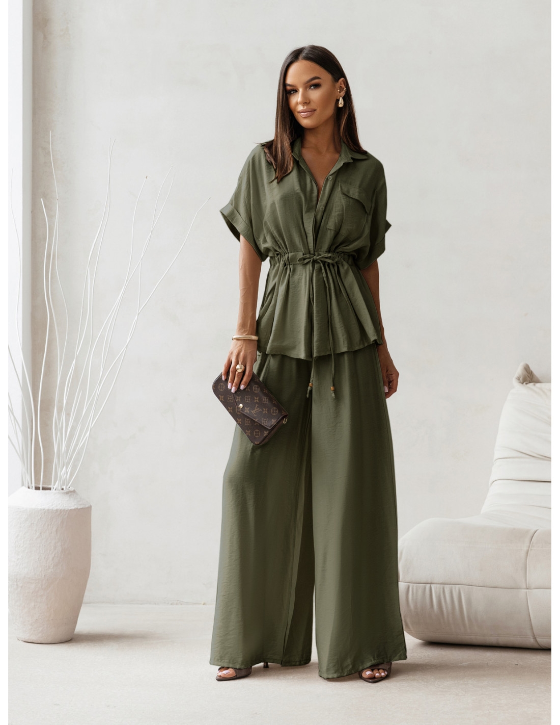 Wiskozowy komplet z szerokimi spodniami VELENA - khaki