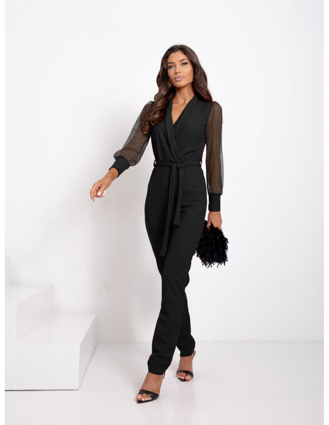 Kombinezon z tiulowymi rękawami NADIA - czarny