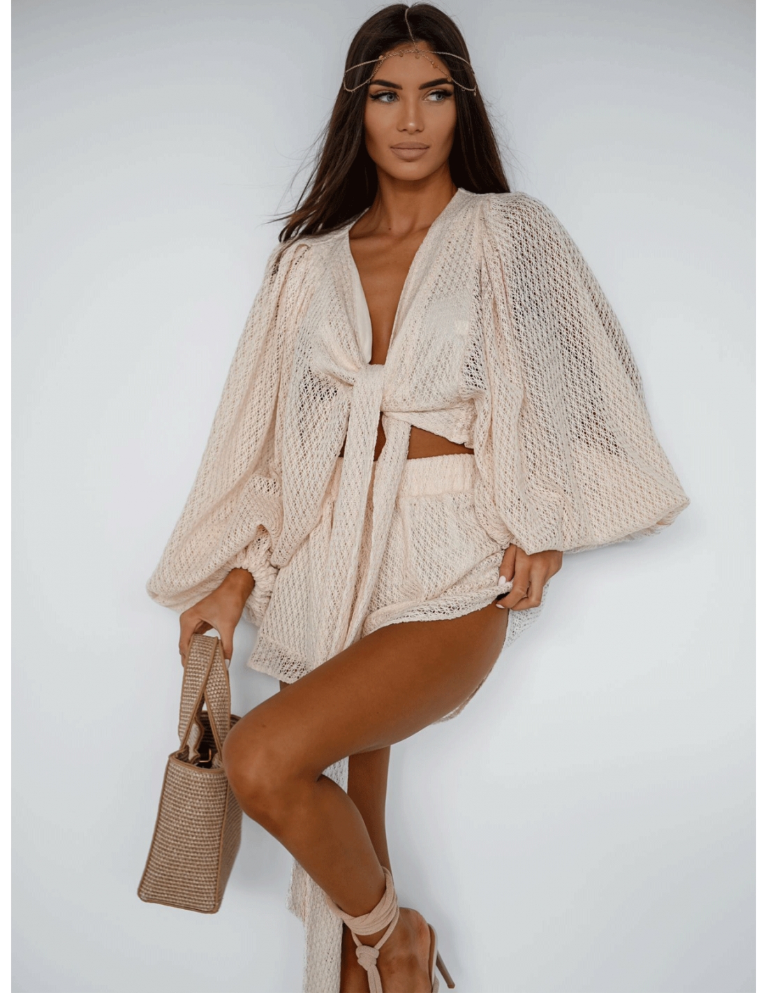 Ażurowy komplet crop top i spodenki KIYOMI - beżowy