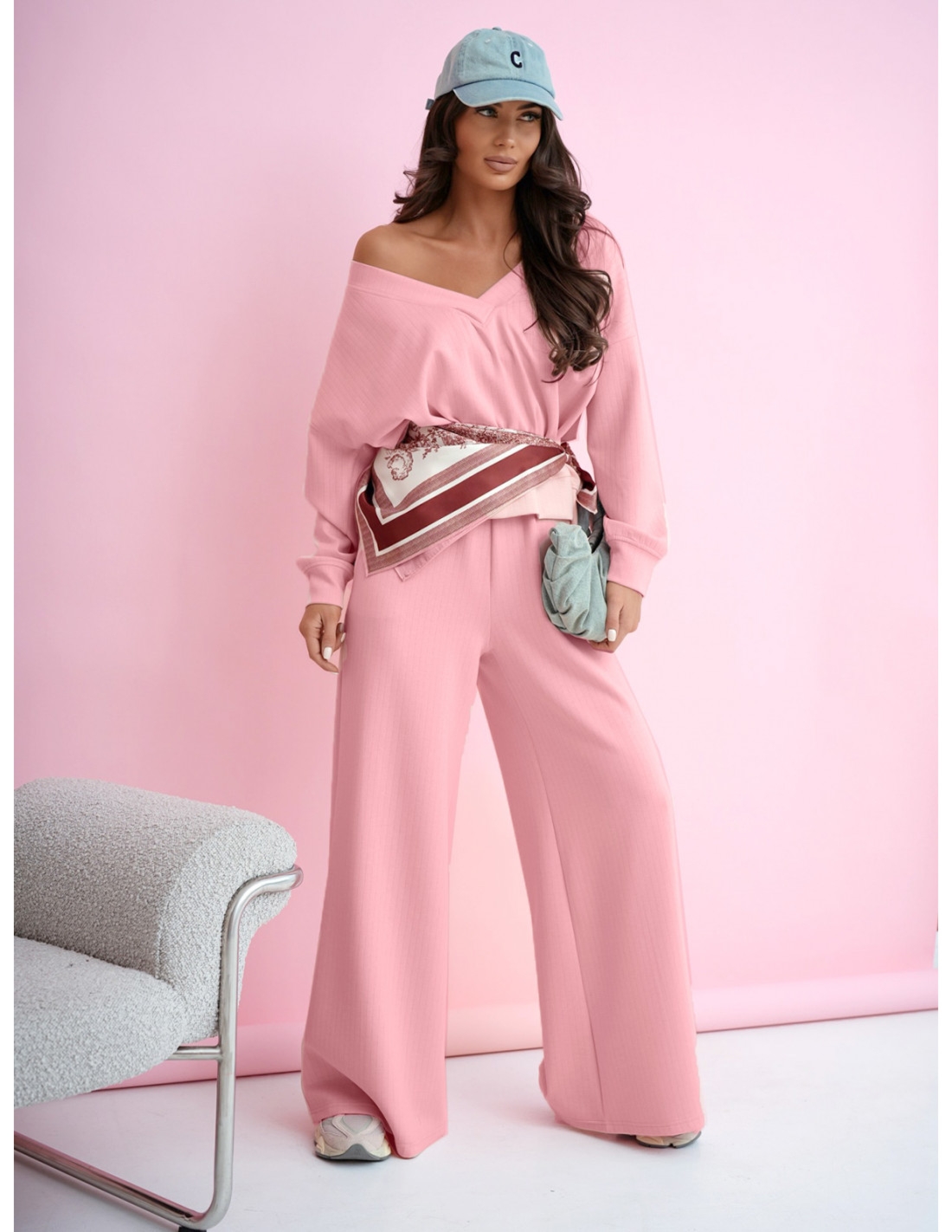 Bawełniany komplet z szerokimi spodniami GORAN - pudrowy róż