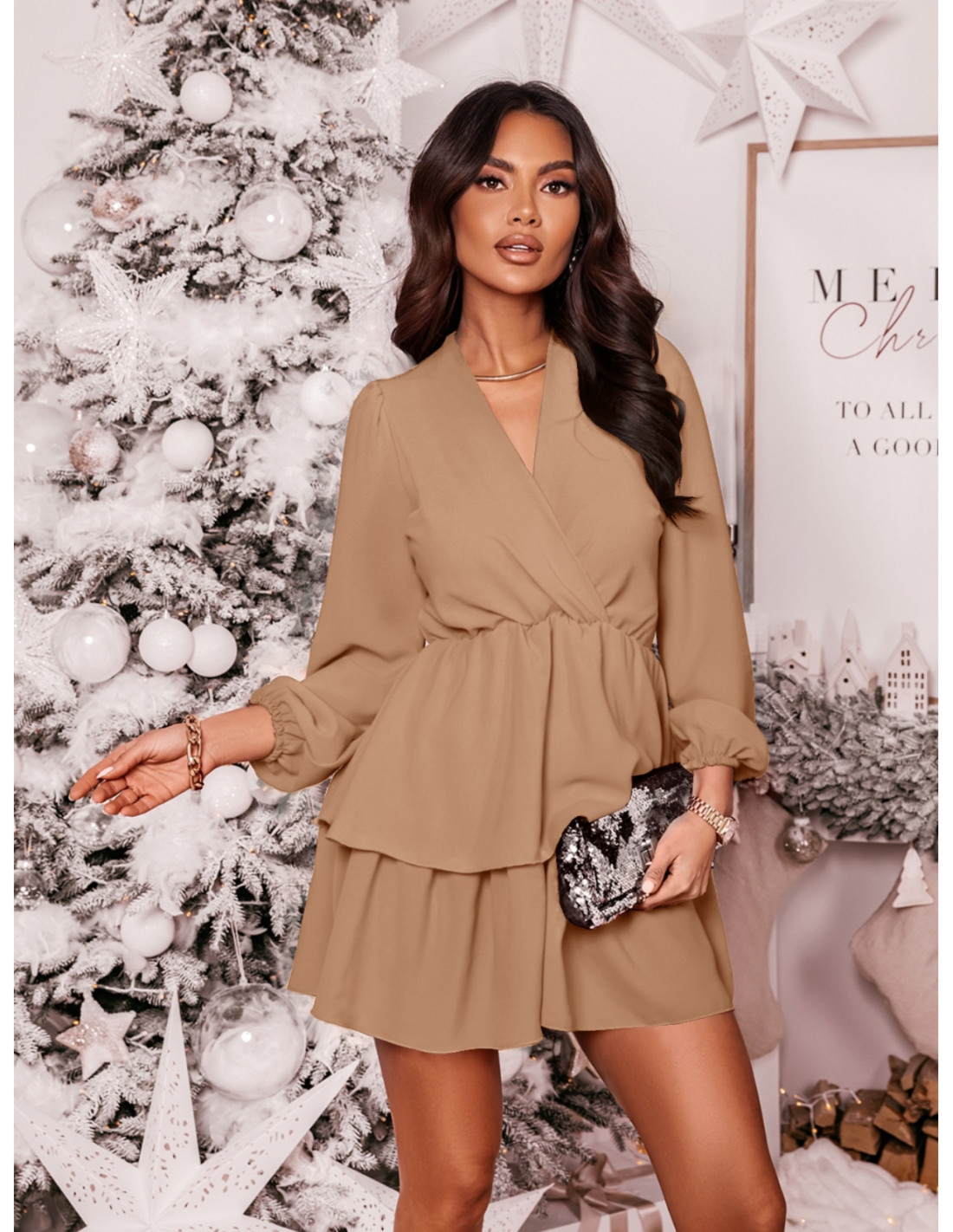 Rozkloszowana sukienka z podwójną falbaną DALIA - jasny beż