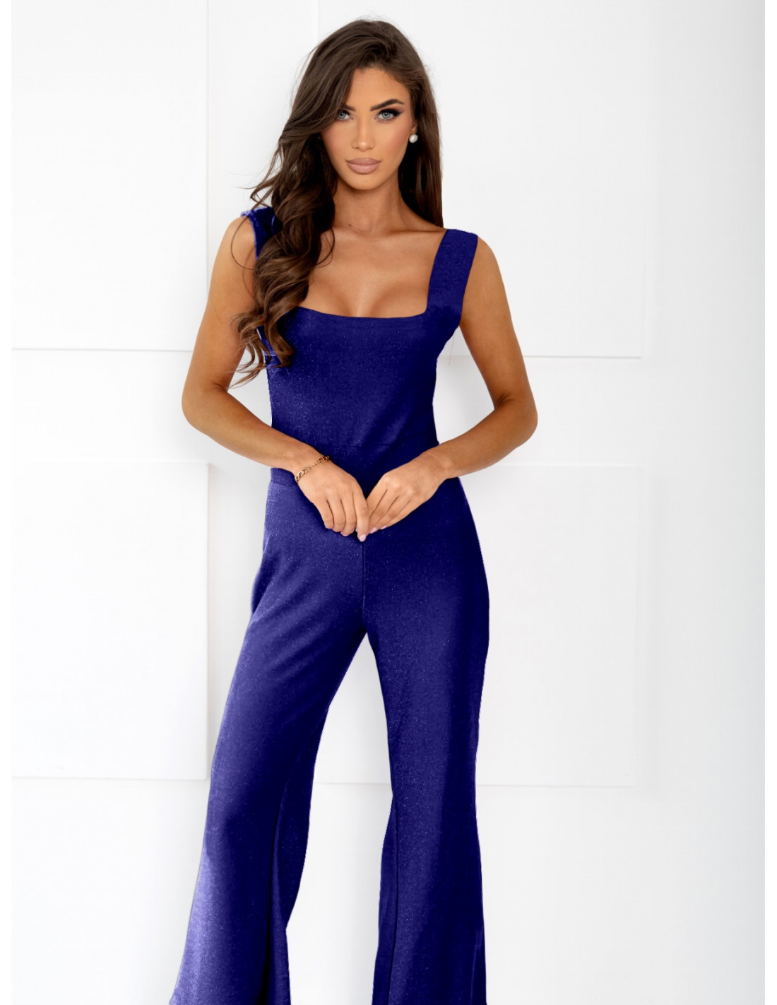 Brokatowy kombinezon z szerokimi nogawkami RONY - chabrowy