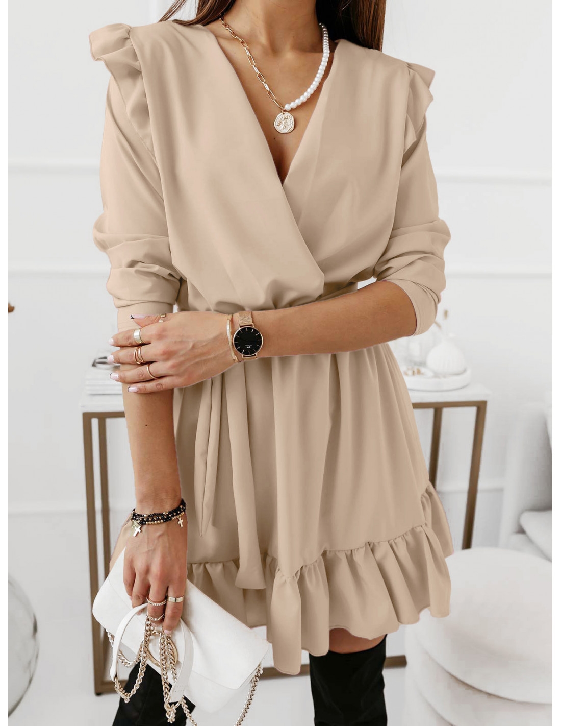 Rozkloszowana sukienka z falbankami MOLLY - beżowa