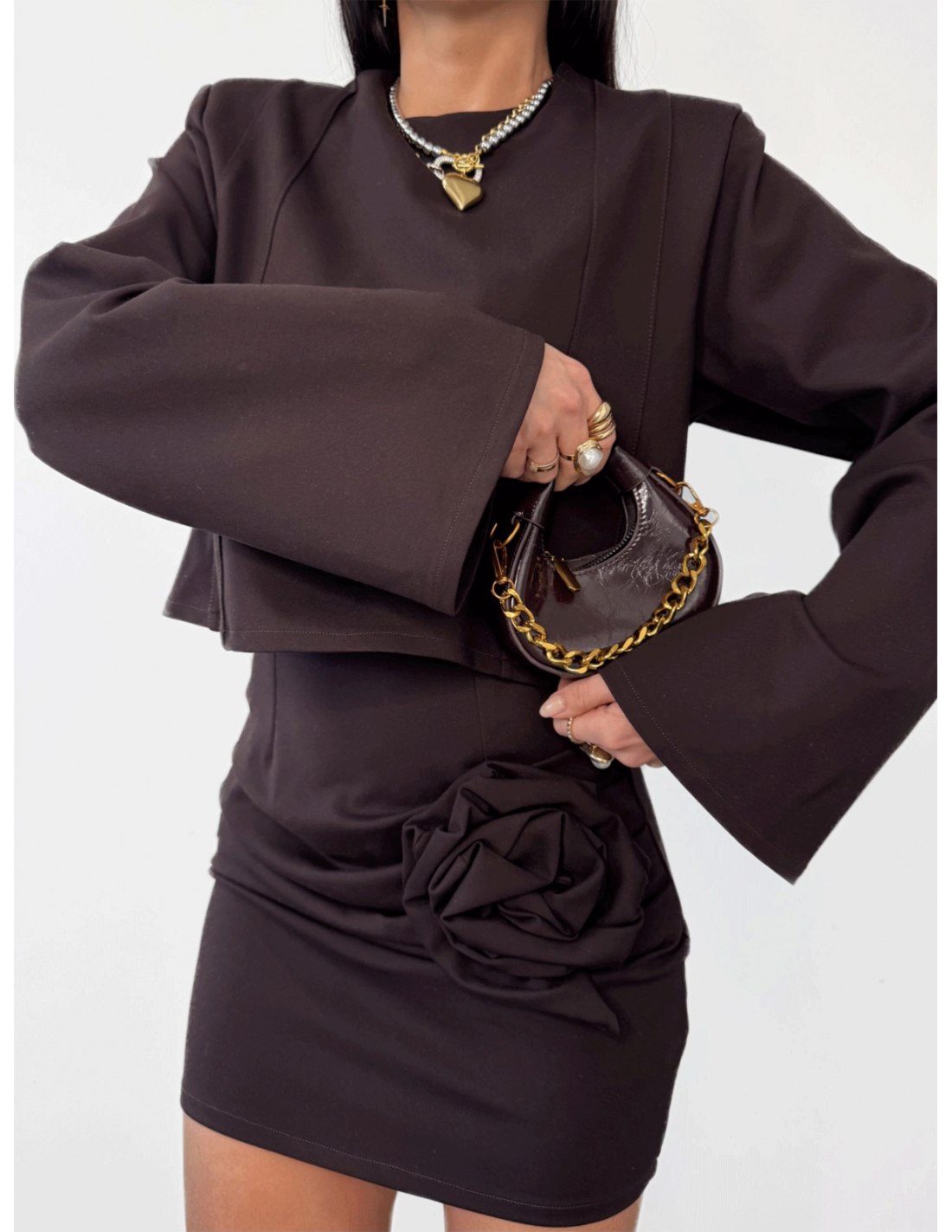 Wiskozowy komplet ze spódnicą KEALY - czekoladowy