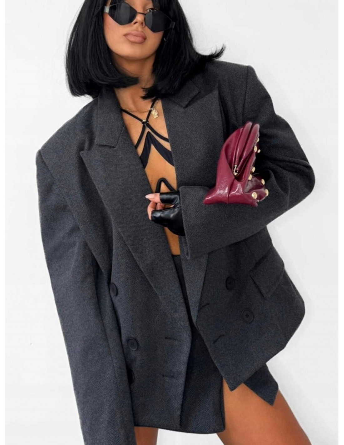 Marynarka w jodełkę z domieszką wełny PETA - grafitowa