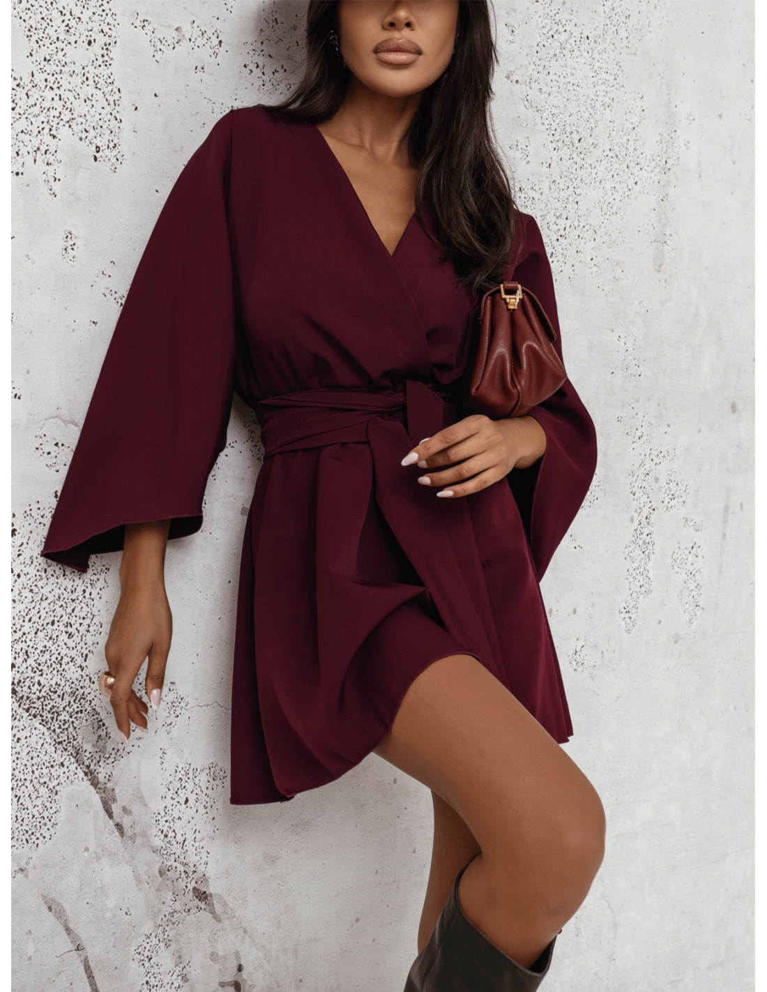 Sukienka mini z przekładanym dekoltem ALIA - bordowa