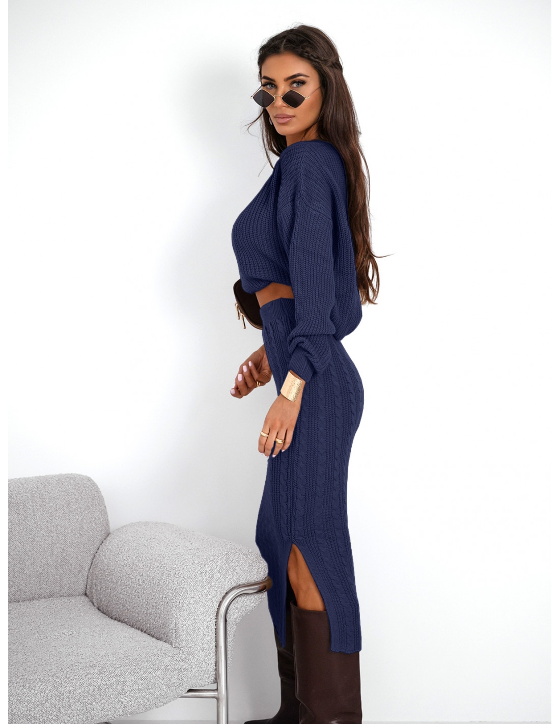 Komplet dzianinowy ze spódnicą XANTI - granatowy