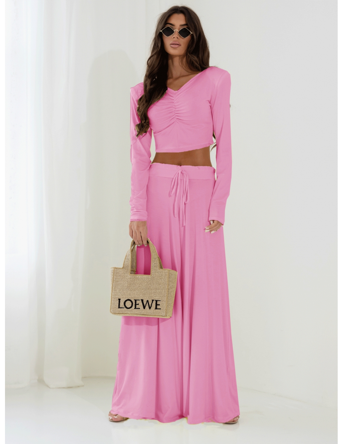 Komplet bluzka i spodnie z wiskozy THORA - pudrowy róż