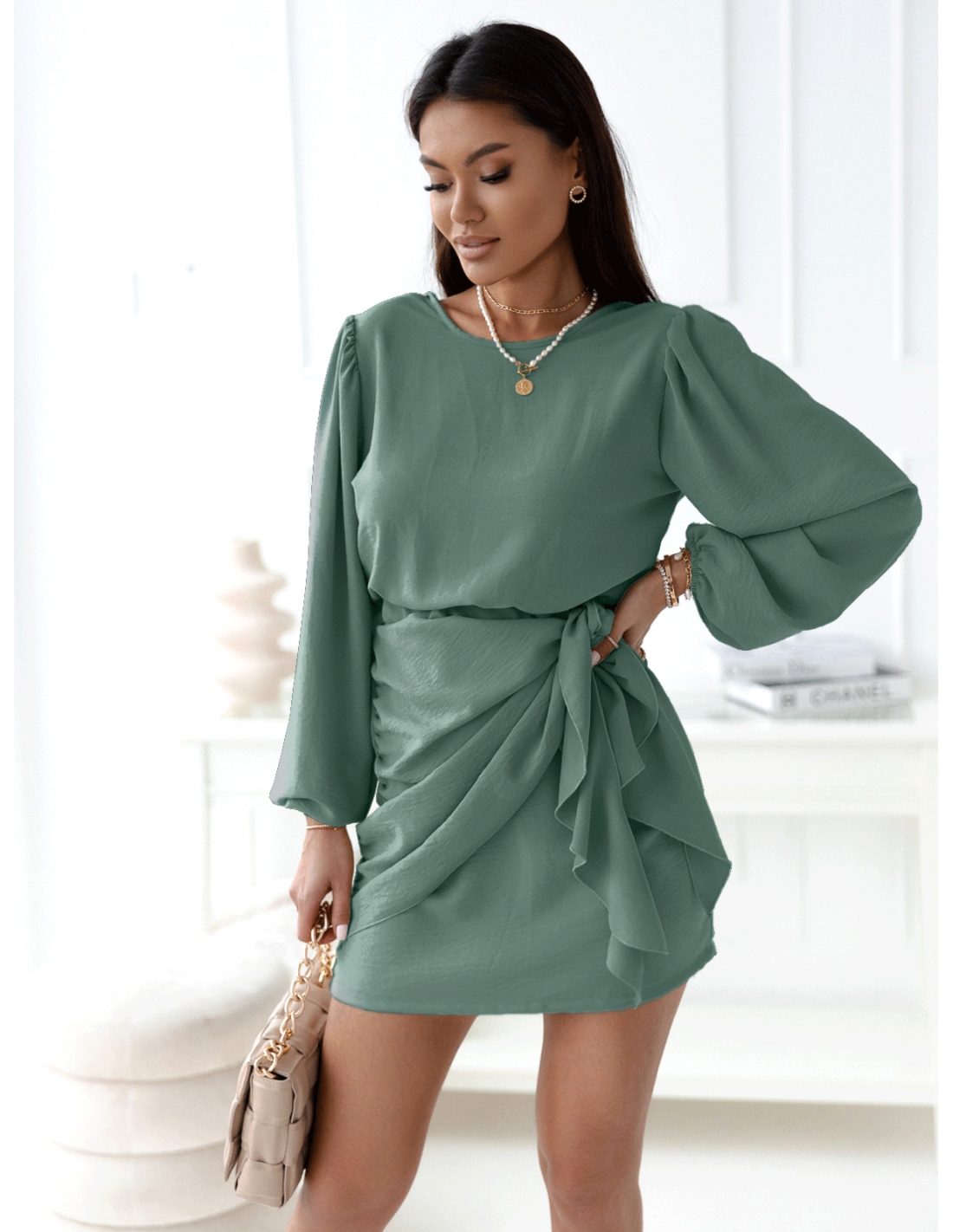 WP elegancka sukienka z wiązaniem - szałwiowa