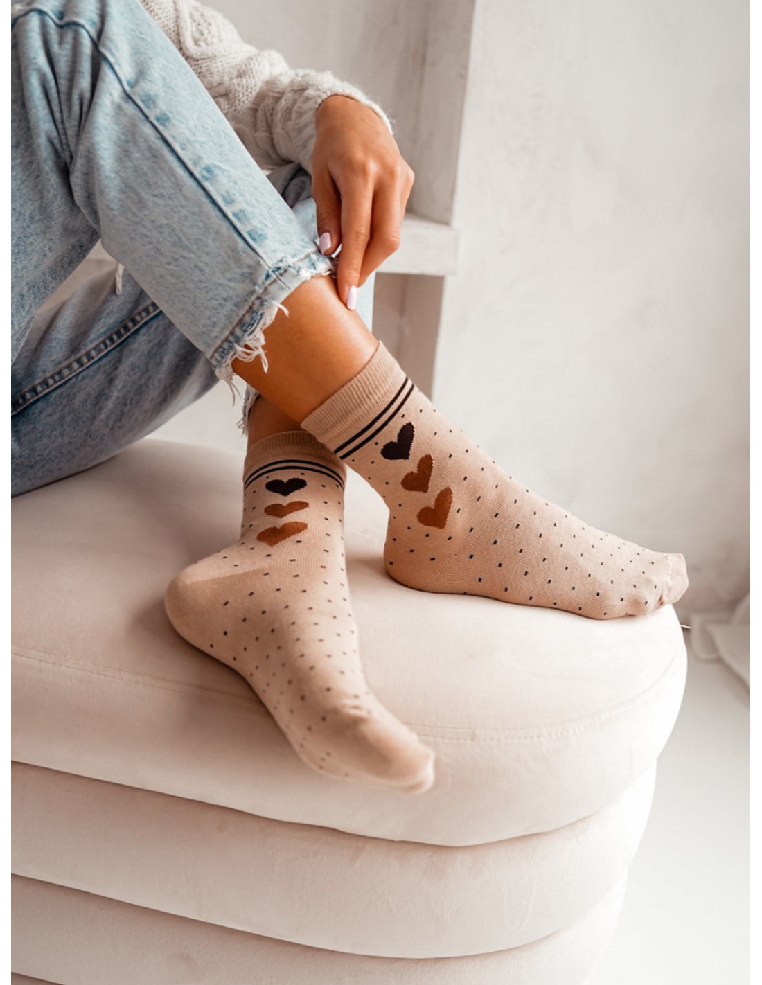Skarpetki damskie SERCA I KROPECZKI - beżowe