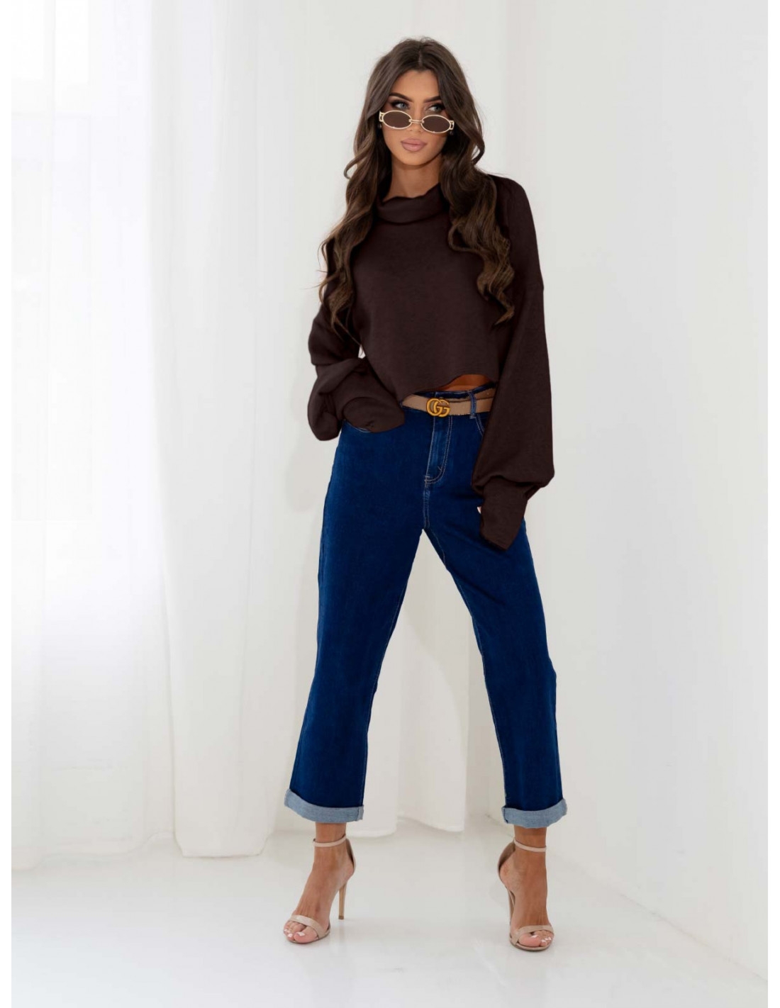 Dzianinowy sweter z golfem oversize NUALA - czekoladowy