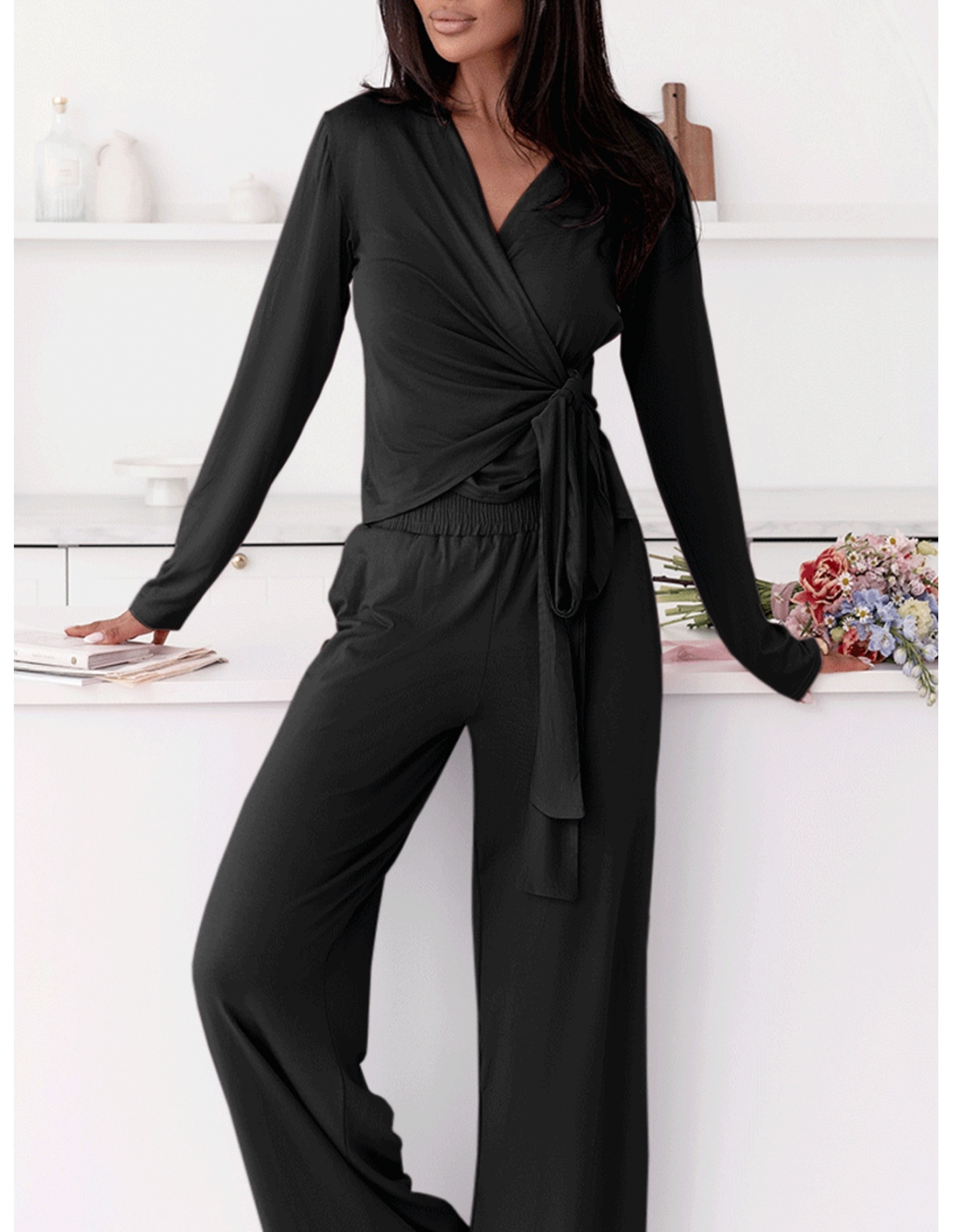 Wiskozowy komplet z szerokimi spodniami JANSET - czarny