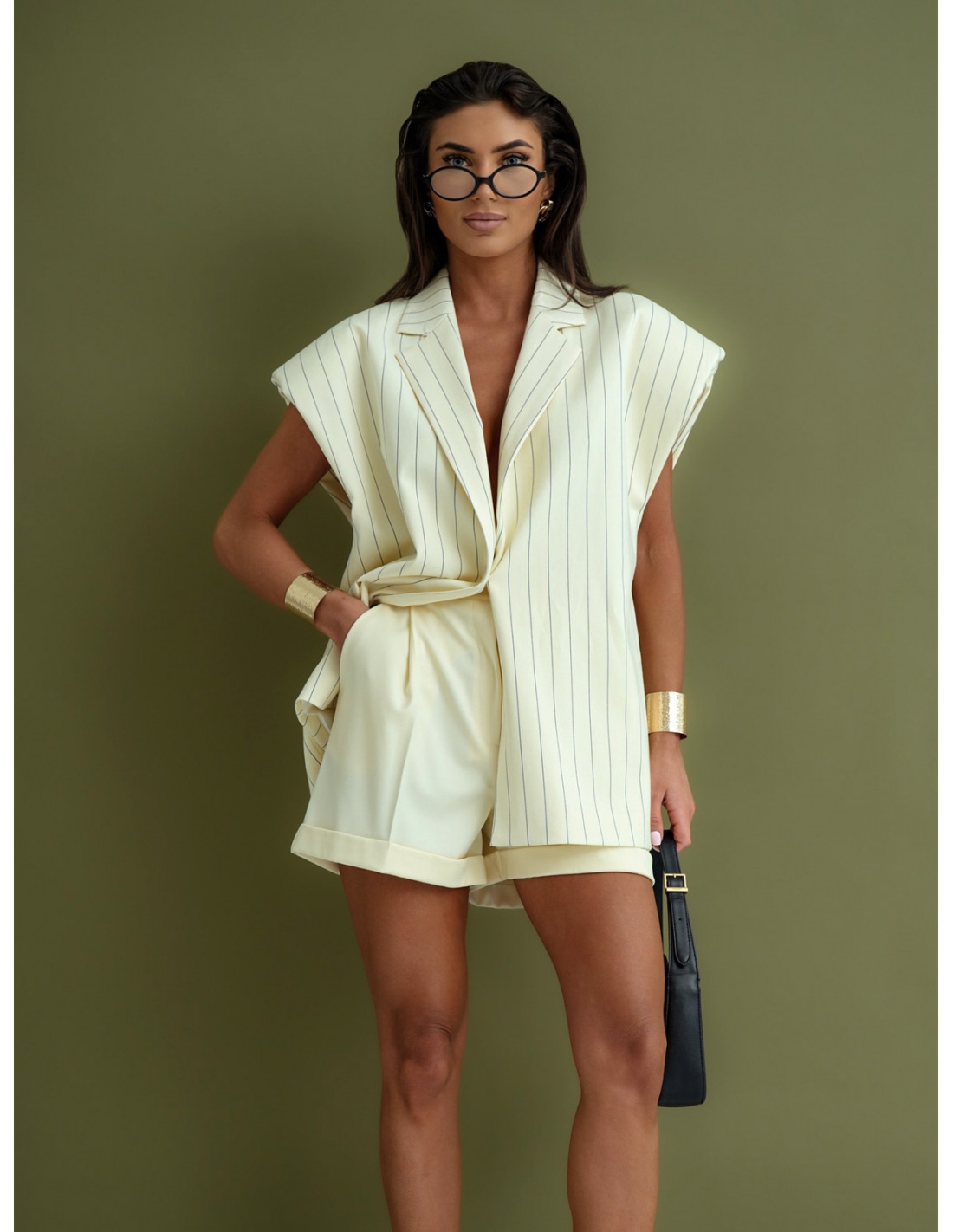 Długa kamizelka oversize w paski CERIA - waniliowa