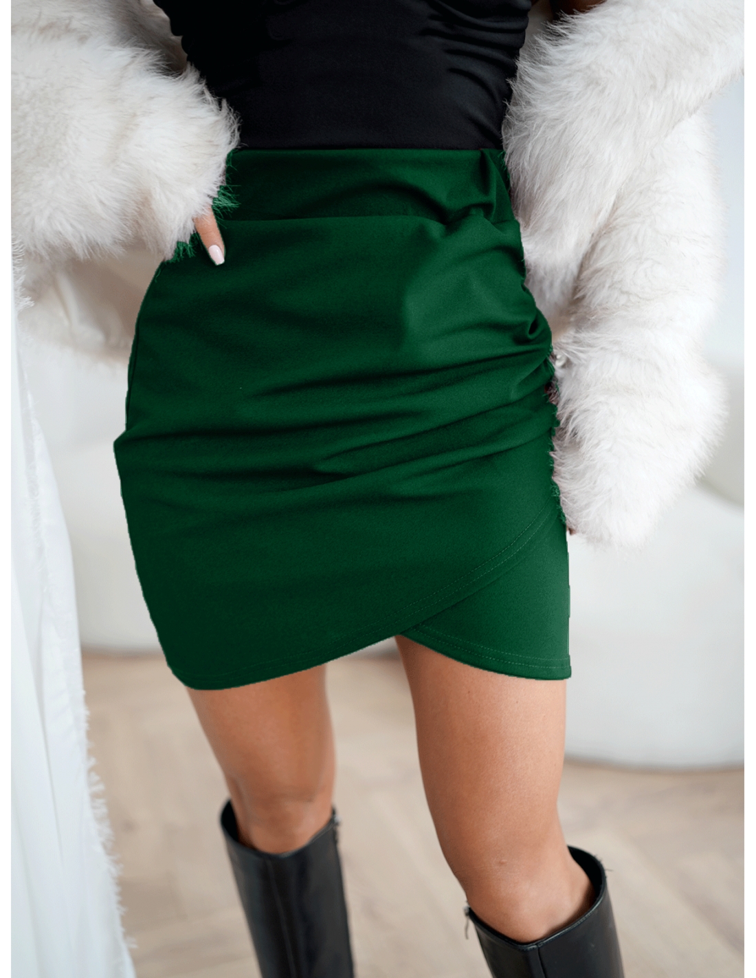 Spódnica mini przekładana z marszczeniem DORSA - butelkowa zieleń
