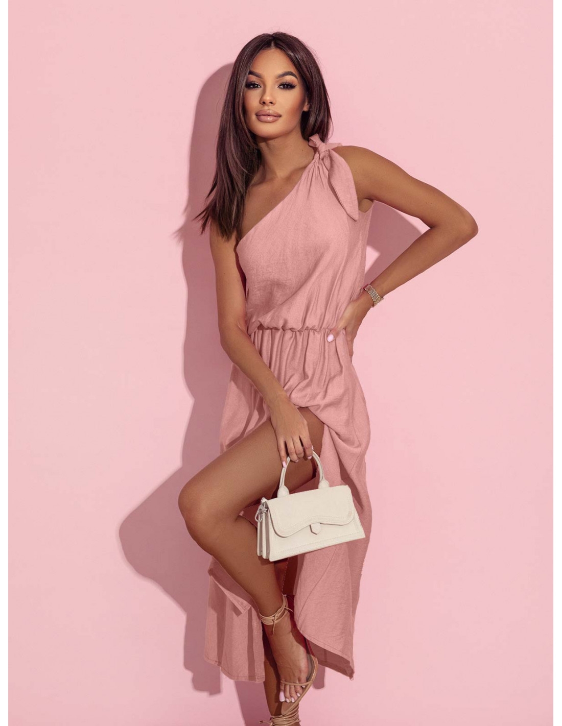 Sukienka midi na jedno ramię GISELLE - brudny róż