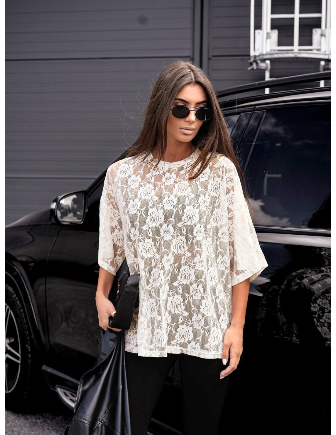 Koronkowa bluzka t-shirt SOLIA - ecru