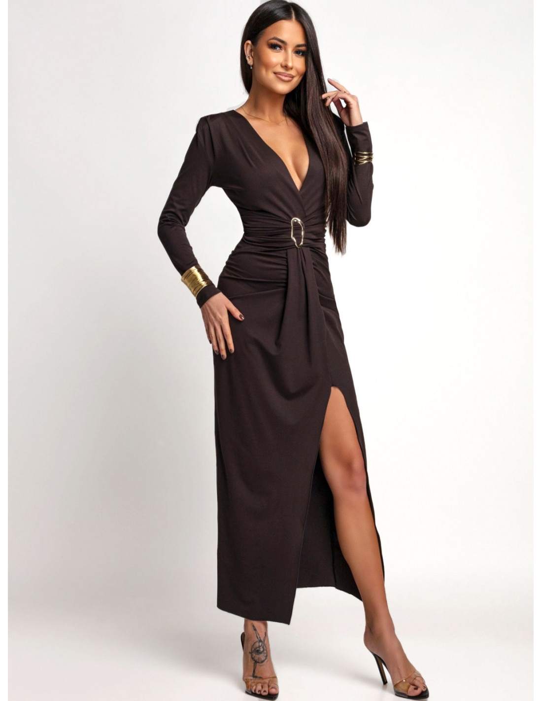 Maxi sukienka z głębokim dekoltem MILLA - czekoladowa