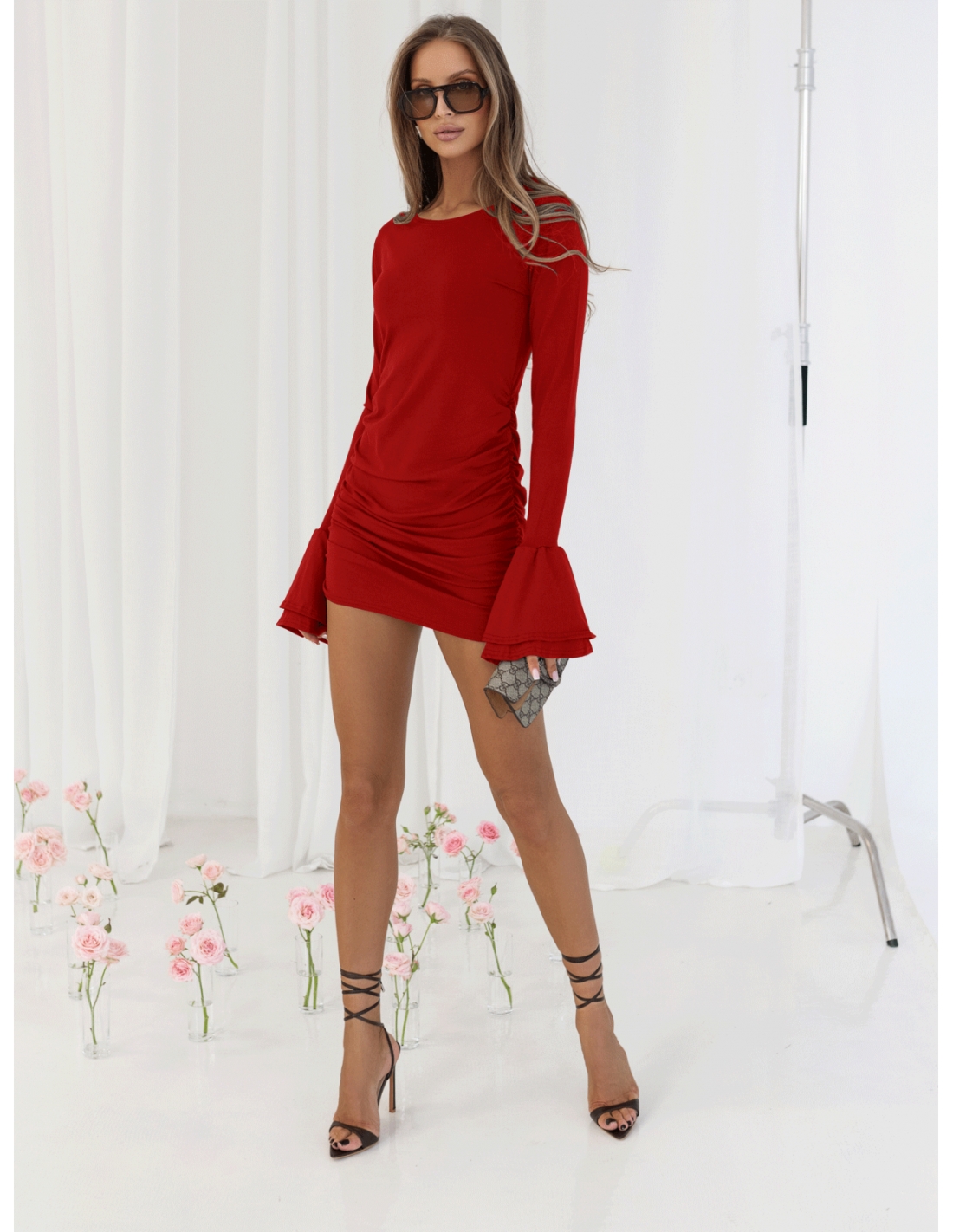 Wiskozowa sukienka mini z szerokimi rękawami ANDREA - czerwona
