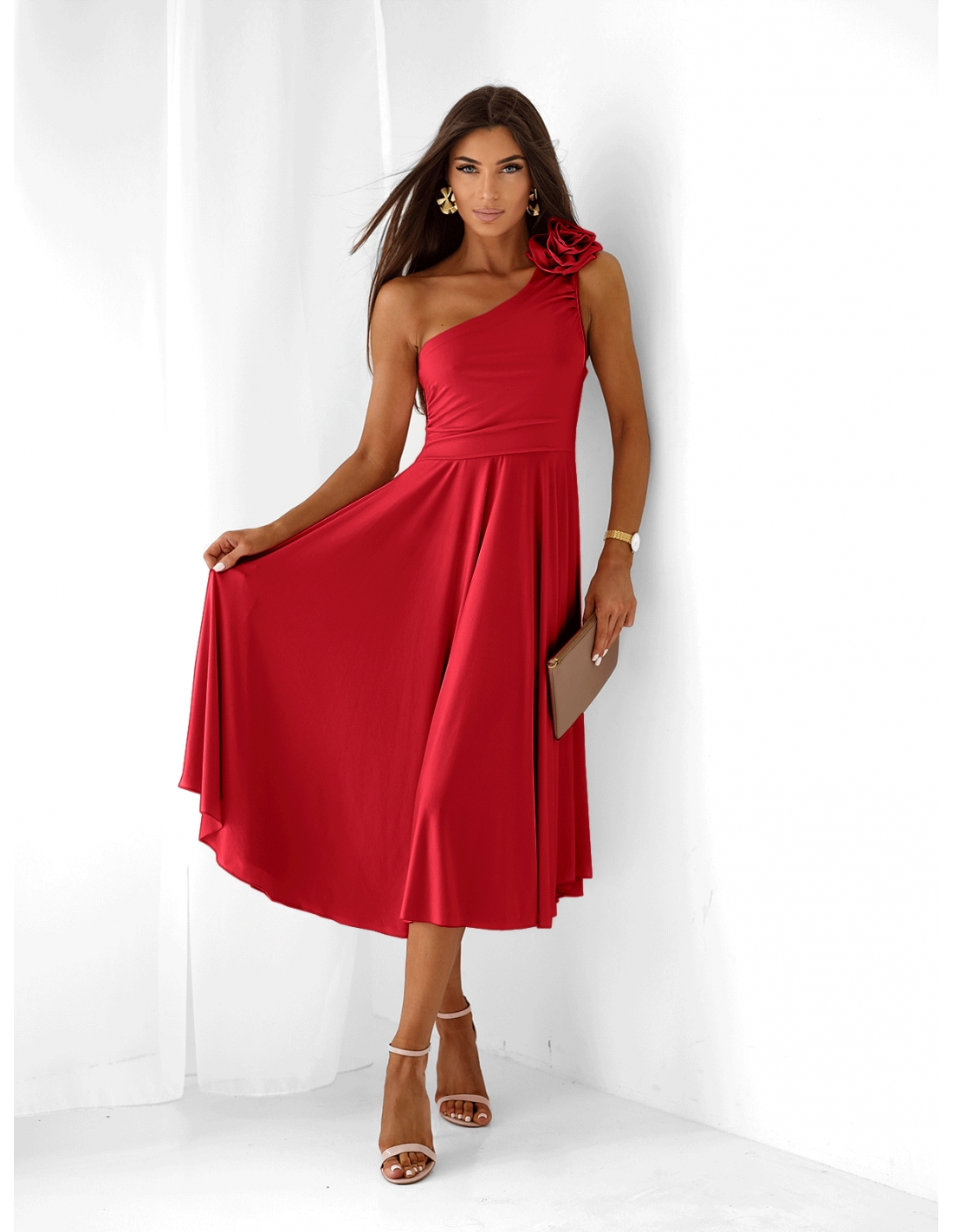 Sukienka midi na jedno ramię AMIREA - czerwona