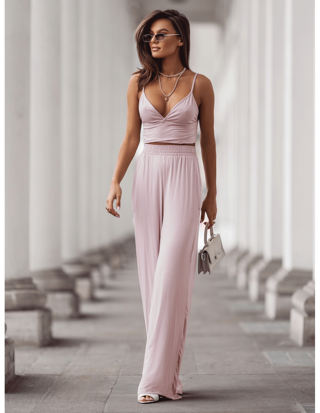 Wiskozowy komplet z szerokimi spodniami ASTORIA - brudny róż