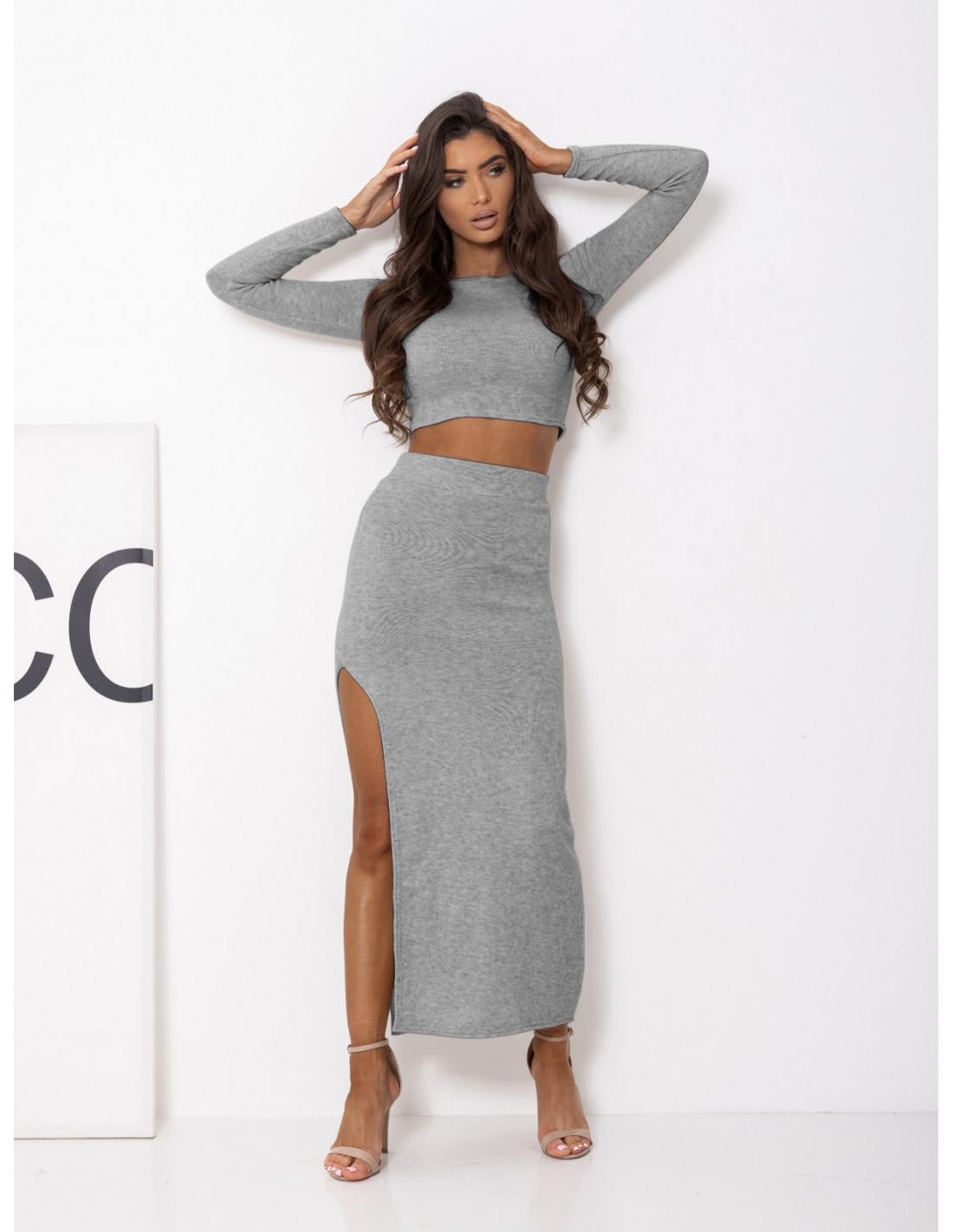 Komplet dzianinowy ze spódnicą SELWYN - szary