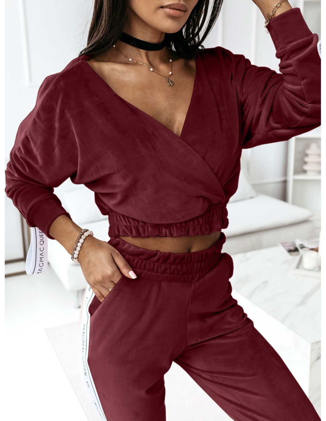 Welurowy dres spodnie + bluza VELVET - bordowy