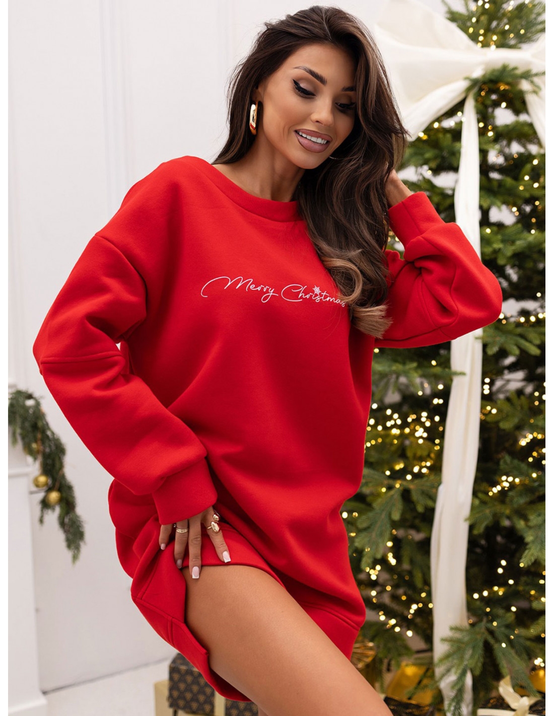 Bluza dresowa tunika MERRY CHRISTMAS - czerwona