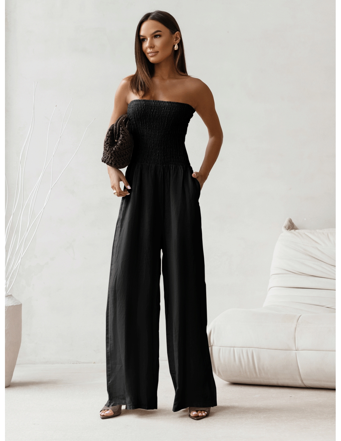 Lniany kombinezon z szerokimi nogawkami MALIA - czarny