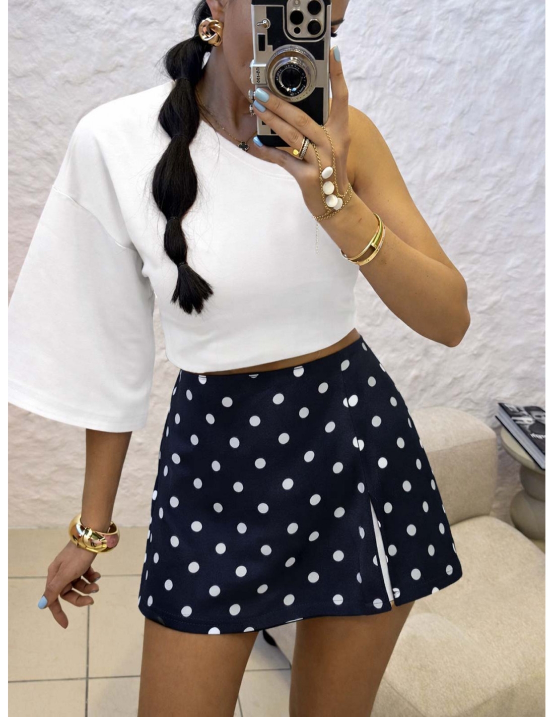 Eleganckie spódnico-spodenki w grochy SOLLY - granatowe