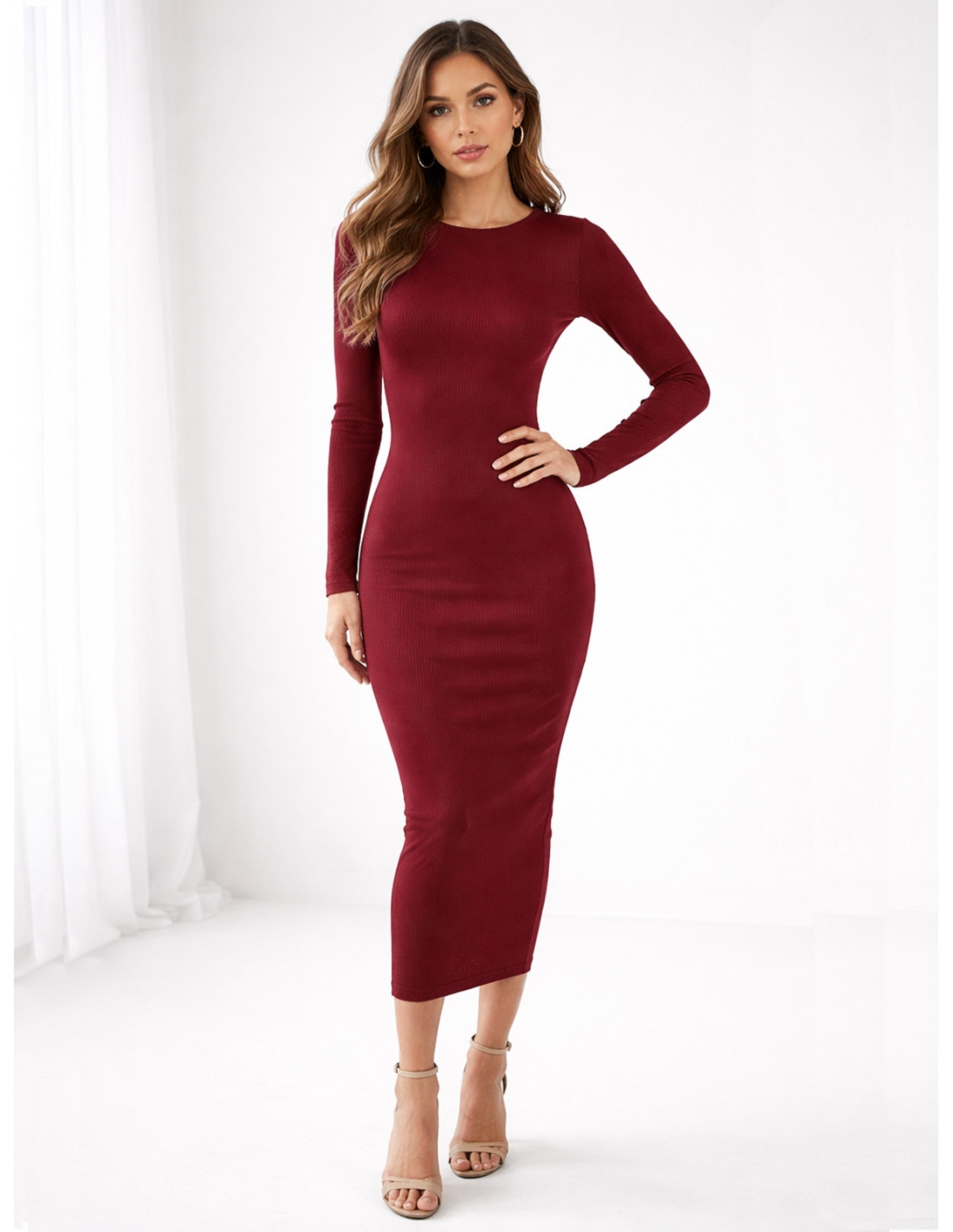 WP prążkowana sukienka midi - bordowa