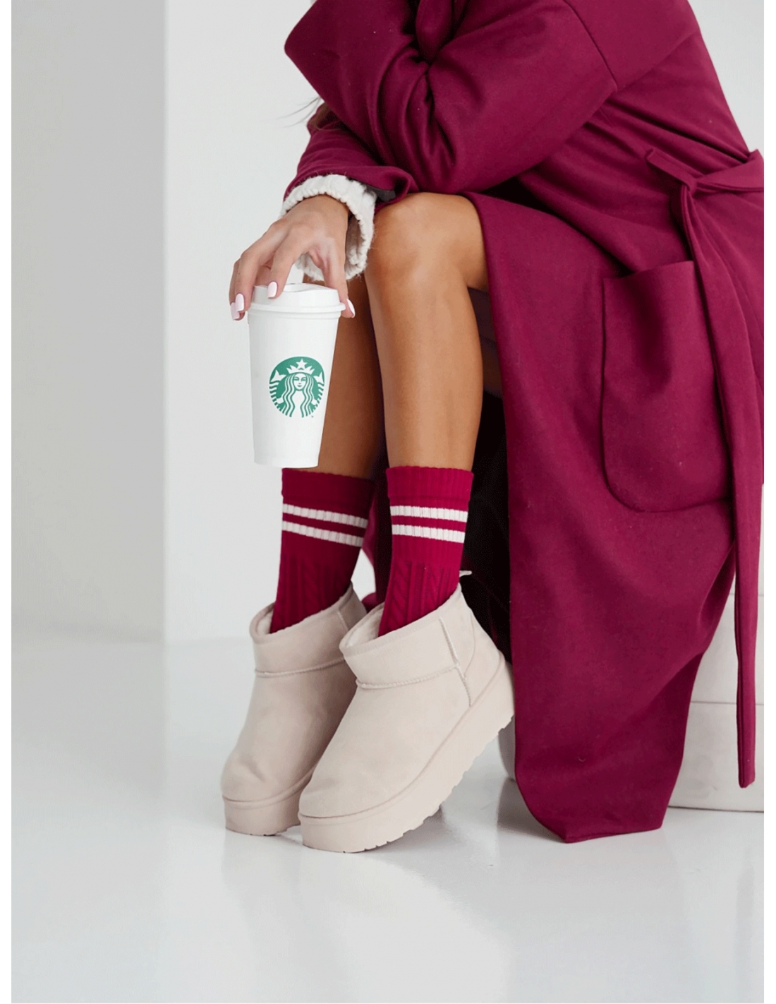 Skarpetki damskie warkocz z paskami - bordowe