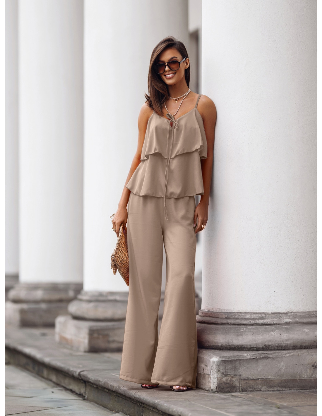 Komplet top z szerokimi spodniami AMARE - mocha mousse